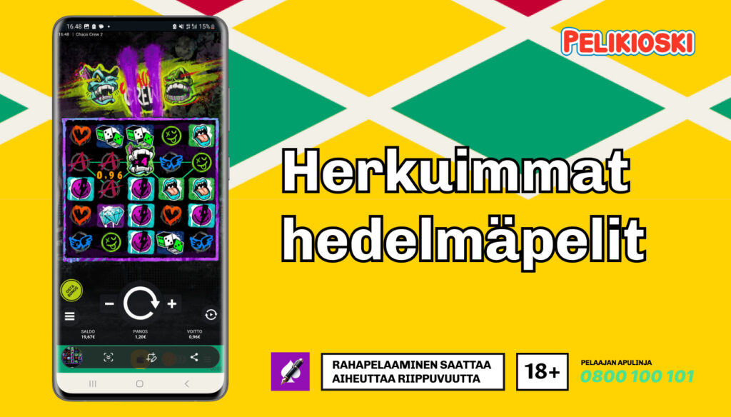 Värikäs Pelikioski-mainos, jossa otsikko 'Herkuimmat hedelmäpelit' ja puhelimen ruutukaappaus Chaos Crew II (Hacksaw Gaming) hedelmäpelistä. Mukana 18+ rahapelaamisvaroitus ja Peluuri-numero 0800 100 101.