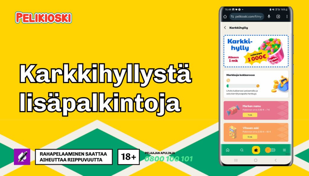 Värikäs Pelikioski-mainos, jossa teksti 'Karkkihyllystä lisäpalkintoja' sekä puhelimen ruutukaappaus Kioski Casinon karkkiteemaisesta bonustarjouksesta. Mukana 18+ rahapelaamisvaroitus ja Peluuri-numero 0800 100 101.