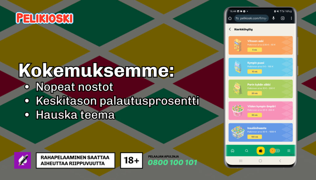 Värikäs Pelikioski-mainos, jossa teksti 'Kokemuksemme: nopeat nostot, keskitasoinen palautusprosentti ja hauska teema' sekä puhelimen ruutukaappaus bonustarjouksista. Mukana 18+ rahapelaamisvaroitus ja Peluuri-numero 0800 100 101.