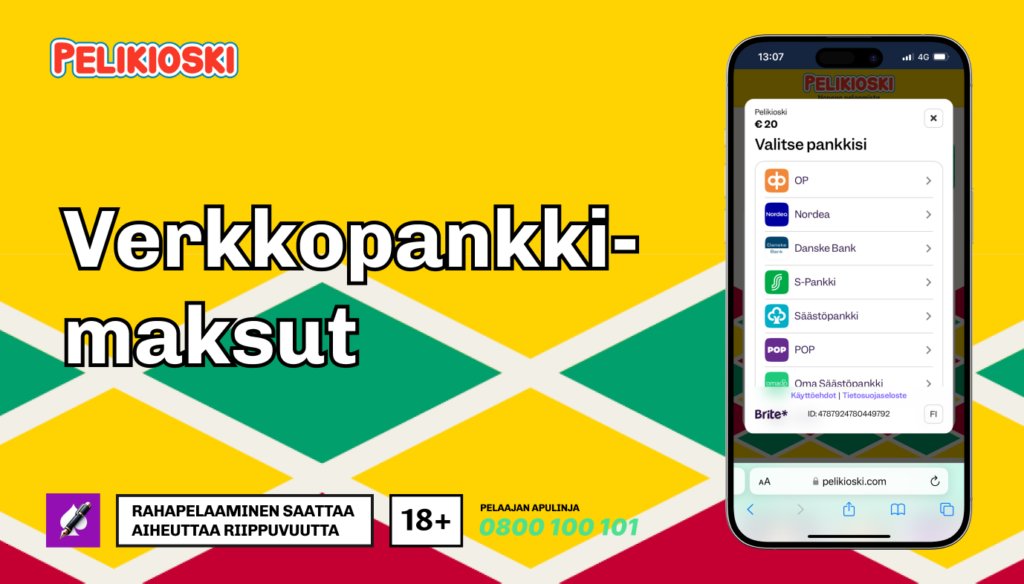 Pelikioski-mainos, jossa otsikko 'Verkkopankkimaksut' ja puhelimen ruutukaappaus pankkien valintanäkymästä talletusta varten. Mukana 18+ rahapelaamisvaroitus ja Peluuri-numero 0800 100 101.