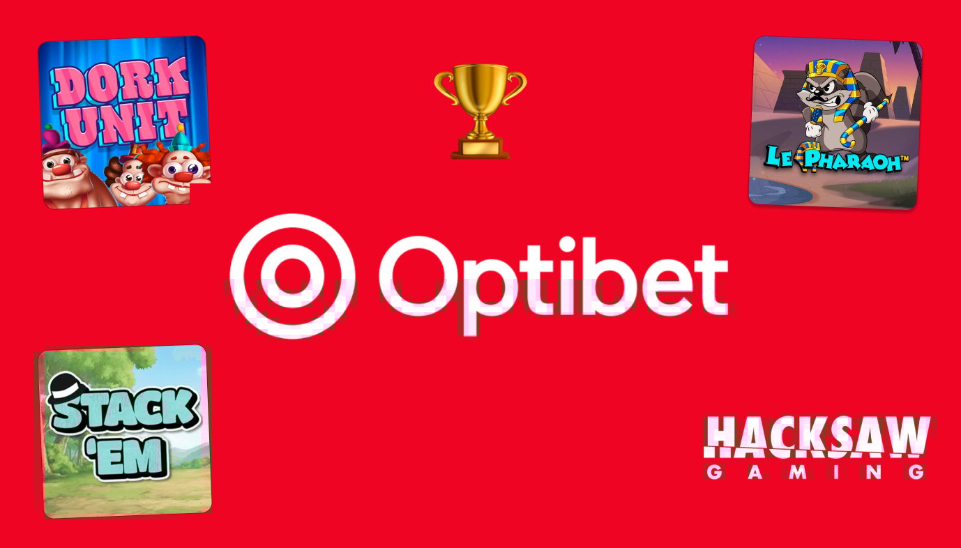 Optibet kasino – Kuva näyttää monipuolisen Hacksaw-valikoiman, kuten Dork Unit, Le Pharaoh, ja Stack' Em pelin kuvakkeet. 
