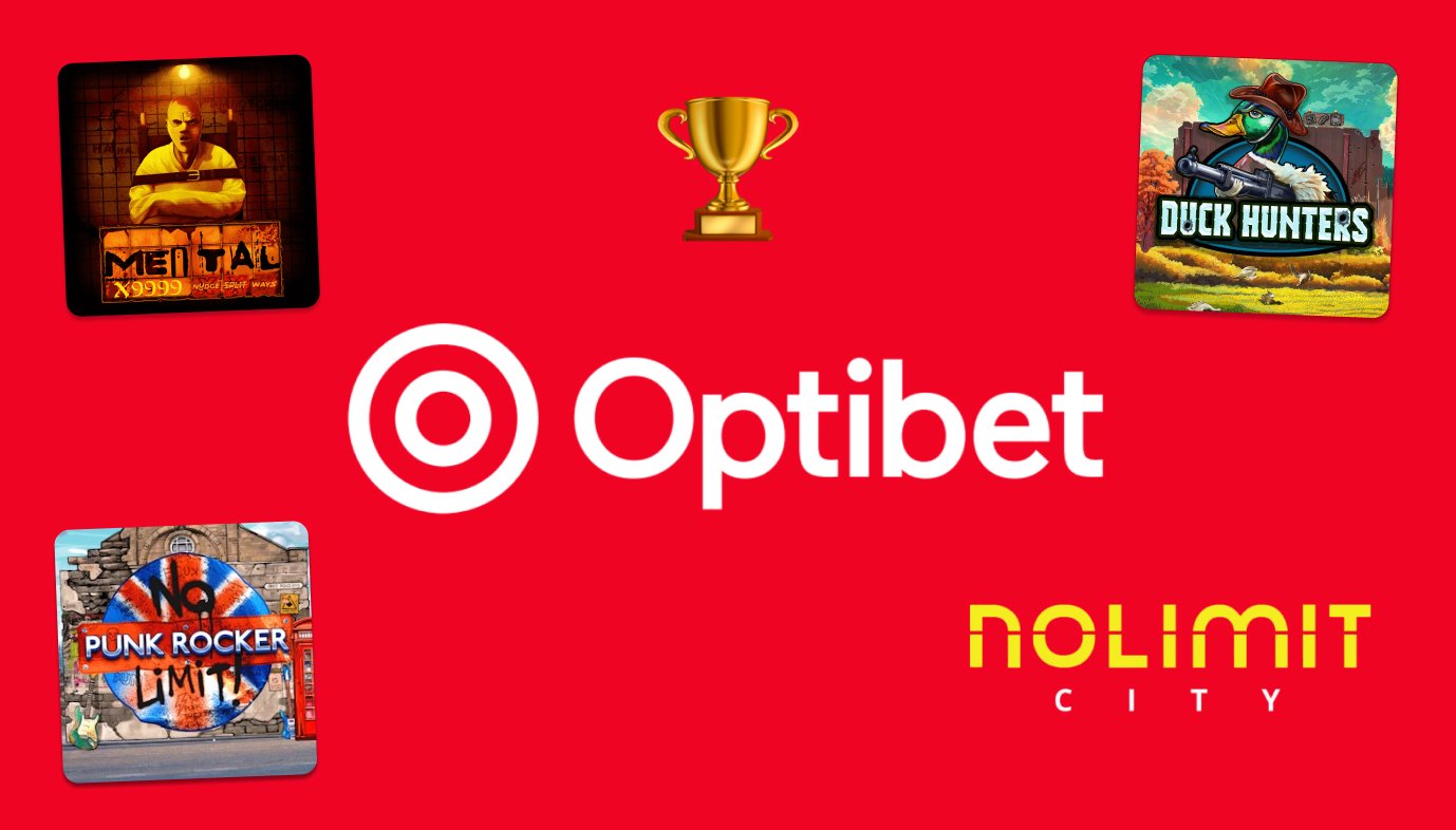 Optibet kasino – Laaja Nolimit City -valikoima uusimmista hittipeleistä parhaimmilla palautusprosenteilla. Kuvassa näkyy Mental, Duck Hunters, ja Punk Rocker pelien kuvakkeet.