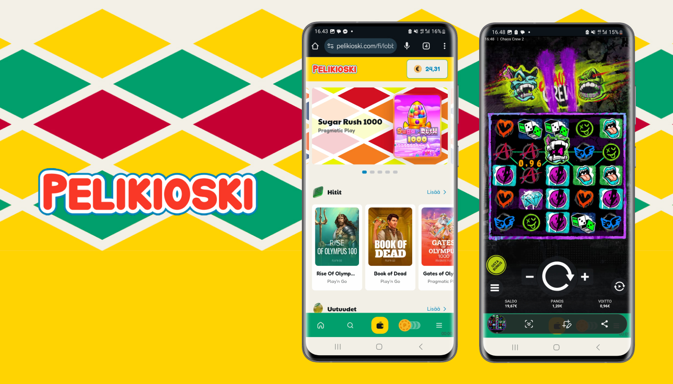 Pelikioski kasino – Kuvassa Pelikioskin logon lisäksi nettikasinon aula Samsun puhelimella talletuksen tekemisen jälkeen. Sen vieressä puhelin missä on auki Hacksaw Gamingin Chaos Crew II -suosikkipeli, jossa on Pelikioskilla keskinkertaiset palautusprosentit.
