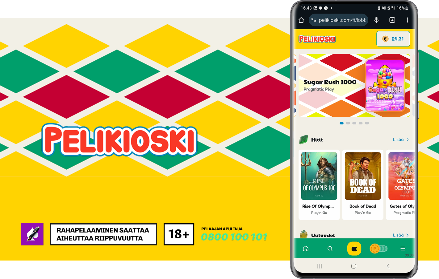 Värikkäässä Pelikioski-mainoskuvassa näkyy nettikasinon logo, timanttikuvioinen tausta sekä puhelimen ruutukaappaus pelitarjonnasta. Kuvassa on 18+ rahapelaamisvaroitus ja Peluuri-tukipalvelun numero 0800 100 101.