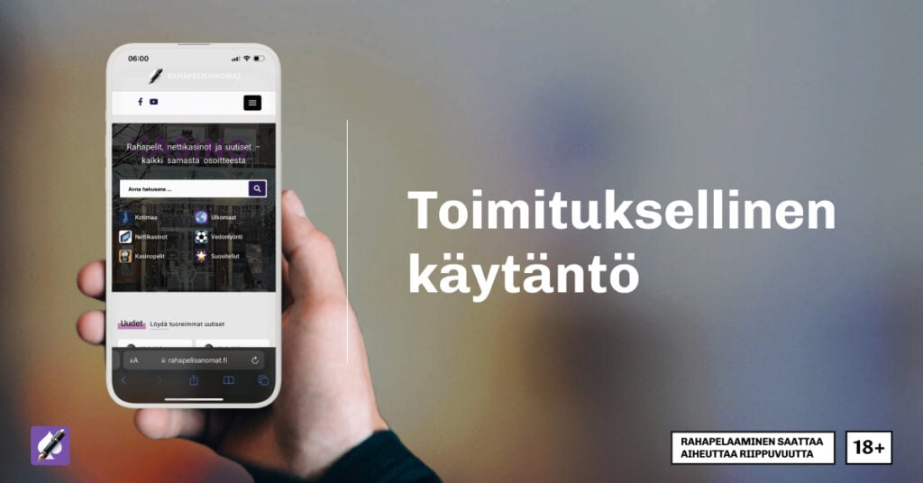 Kädessä pidettävä älypuhelin, jossa näkyy Rahapelisanomien sivu ja teksti 'Toimituksellinen käytäntö'; alareunassa rahapelaamisen vastuullisuusvaroitus.