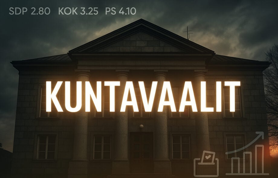 "Kuntavaalit" teksti etualalla. Taustalla näkyy kunnantalo ja SDP:n, Kokoomuksen, ja Perusuomalaisten valtakunnallinen voittokerroin.