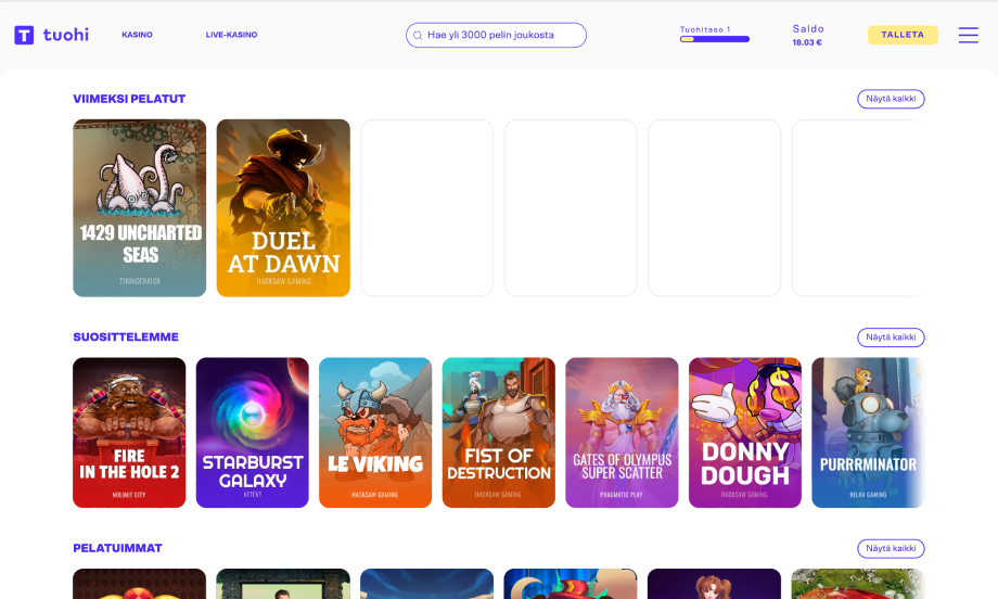 Tuohi Casino auki Rahapelisanomien testissä. Viimeksi pelattuja pelejä ovat 1429 Unchrated Seas ja Duel at Dawn. Pelaajan saldo näyttää 18,03, ja Tuohitaso on 1. Valikosta voi valita Kasinon tai Live-kasinon. Pelikategorioita ovat "Suosittelemme" ja "Pelatuimmat"