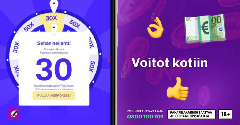Kuvassa puhelimessa Tuohi Casinon kierrätysvapaa Tuohirulla, mistä on voitettu 30 ilmaiskierrosta ilman kierrtäystä peliin Fire Joker. Tästä bonuksesta myös kerrotaan että siinä ei ole myöskään voittokattoa. Puhelimen viereen lisätty teksti "Voitot kotiin", joka viittaa kierrätysvapaiden bonusten helppouteen ja arvoon.