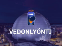 Kuvassa MM-kilpailujen järjestämispaikka, Tukholman Avicii Areena. Sen edessä IIHF 2025 logo ja teksti "Vedonlyönti".