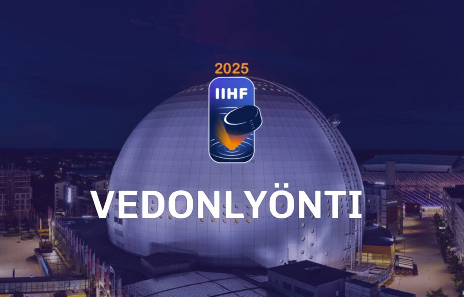 Kuvassa MM-kilpailujen järjestämispaikka, Tukholman Avicii Areena. Sen edessä IIHF 2025 logo ja teksti "Vedonlyönti".
