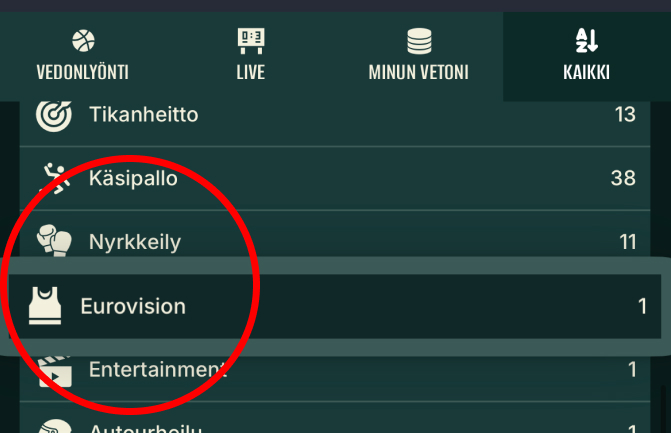 Optibetin vedonlyöntisivulla Eurovision-vetokohde korostettuna Entertainment-luokassa