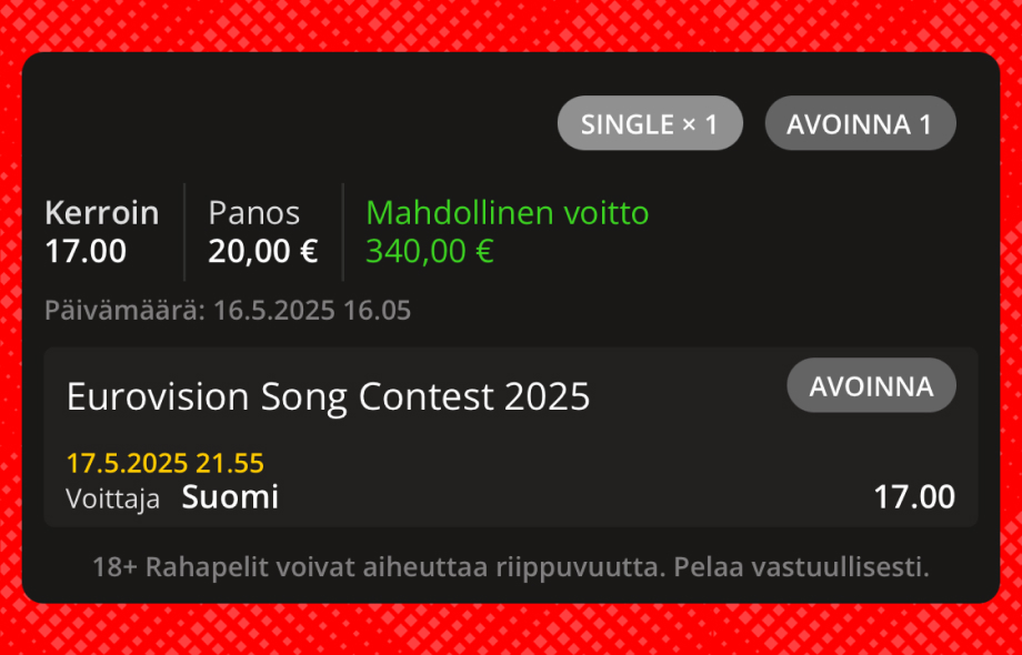 Rahapelisanomien tekemä Euroviisut 2025 vedonlyönti. Voittajaksi lyöty veto Suomelle kertoimella 17,00 ja 20 € panoksella. Mahdollinen voitto 340 euroa. Veto asetettu 16.5.2025 klo 16.05.
