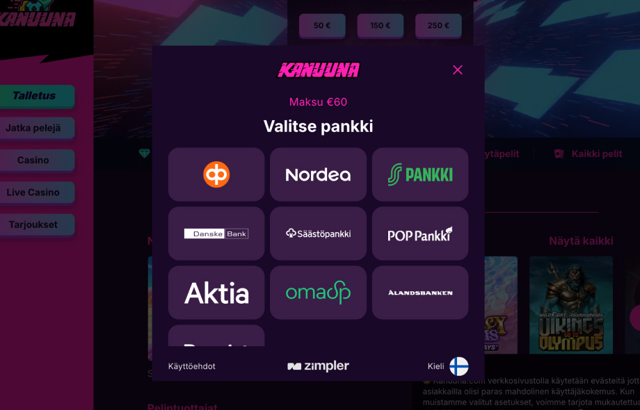Kanuuna Casinon talletusikkuna, käynnissä on €60 talletus, ja sen tekemiseen voi valita pankiksi OP, Nordea, S -Pankki, Aktia, OmaSP tai Ålandsbanken-