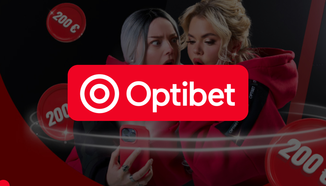 Optibetin logo, taustalla naiset pelaavat hedelmäpelejä