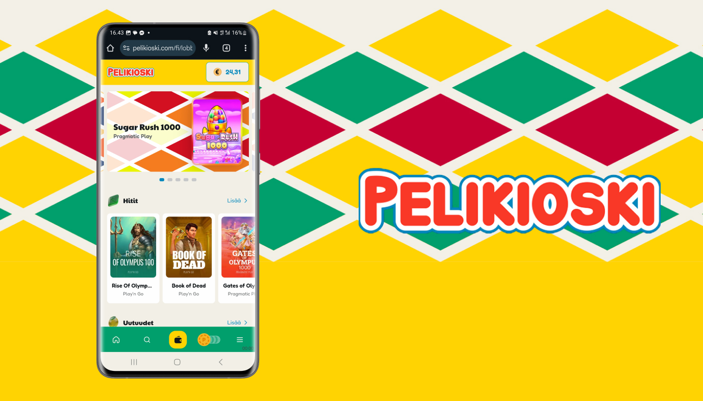 Pelikioski auki puhelimella. Pelaajalla näyttää olevan 24,31 € saldo, ja valikossa mm. Sugar Rush 1000 ja Book of Dead hedelmäpelit. Vieressä logo.