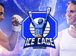 Kuvassa Ice Cage logo. Siinä näkyy myös ottelijat Makwan Amirkhani ja Stagala.