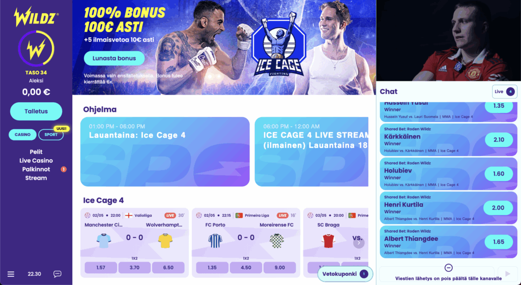 Wildz vedonlyönnin Ice Cage 4 alasivu, missä näkyy auki oleva stream (Theo Kolehmainen haastattelussa). Lisäksi eri veikkausvaihtoehtoja Ice Cage 4 tapahtumaan. Ylälaidassa näkyy myös Makwan Amirkhani ja Stagala, sekä mainosteksti vedonlyöntibonuksesta. Streamin alapuolella näkyy "Shared bets" missä betting onnistuu yhdessä muiden pelaajien kanssa.