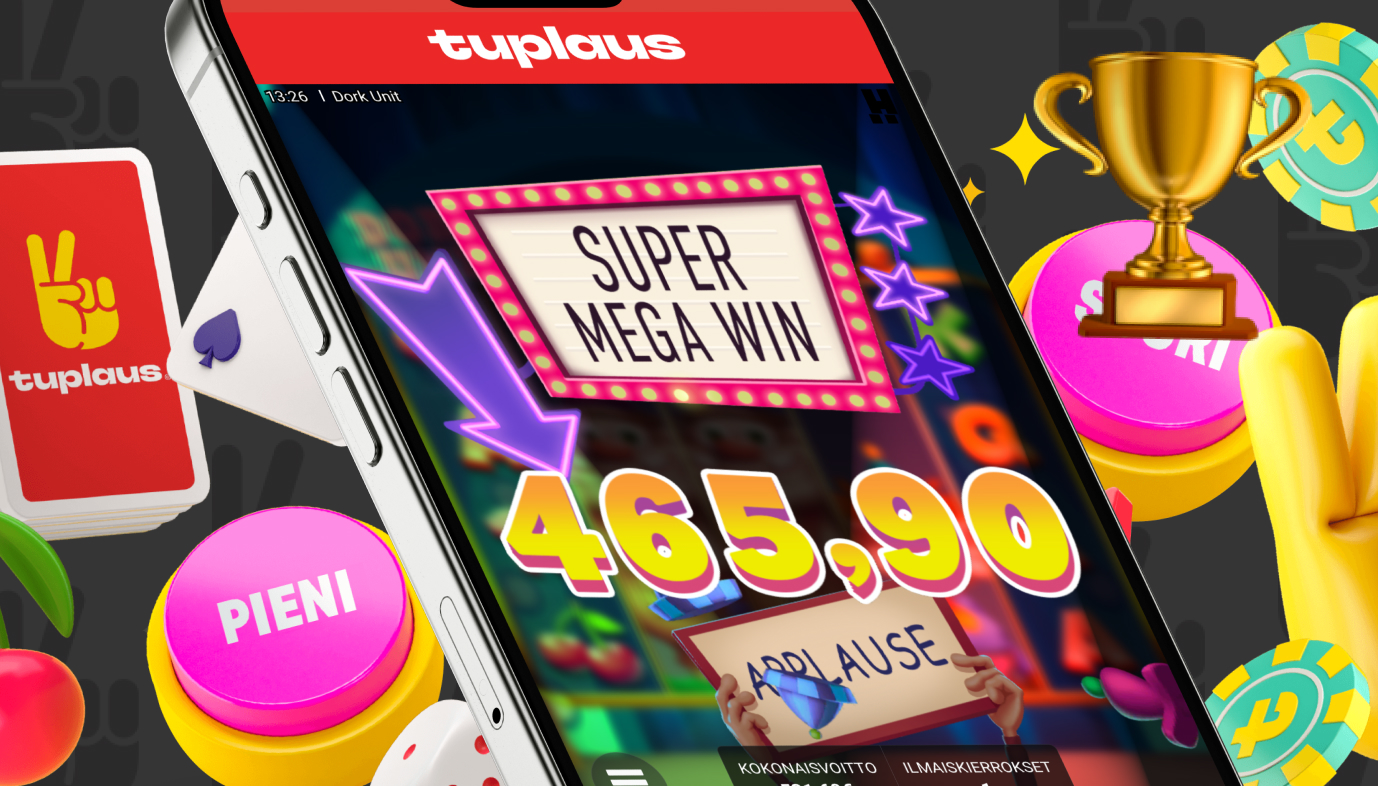 Tuplaus Kasino auki puhelimella, taustalla kasinon teemakuvitusta