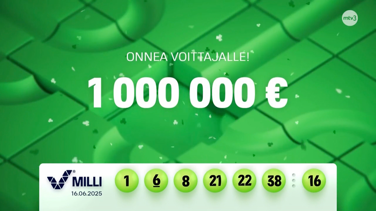 Kuvassa Milli-arvonta MTV3 kanavalla 16.06.2025. Kuvassa näkyy voittava rivi, Veikkaus Milli-logo ja Veikkauksen onnentoivotus päävoittajalle. Miljoona euroa näkyy isolla keskellä.   