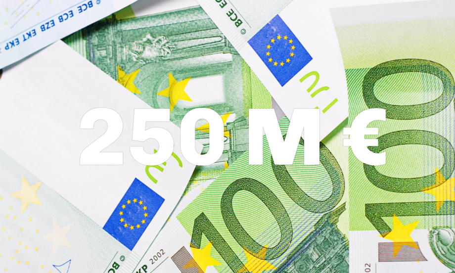 Seteleitä ja teksti 250 M €.