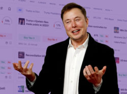Elon Musk Polymarketin sivuston edessä.