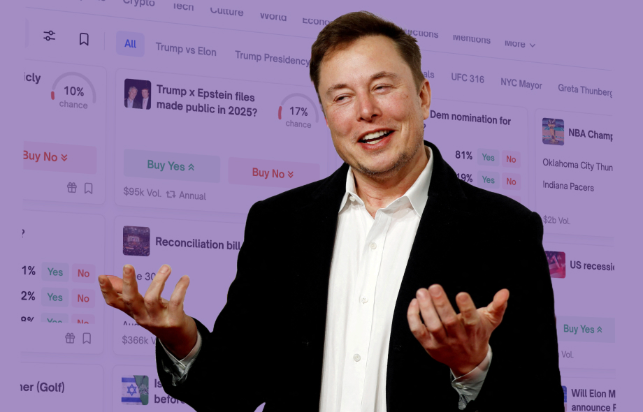Elon Musk Polymarketin sivuston edessä.