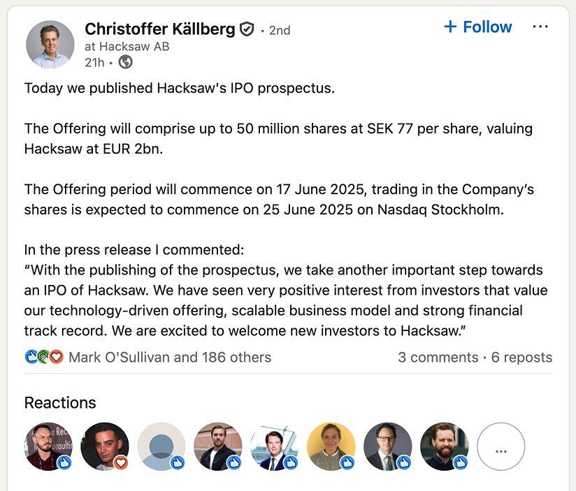 Hacksaw toimitusjohtajan LinkedIn ilmoitus pörssiinlistautumisesta.