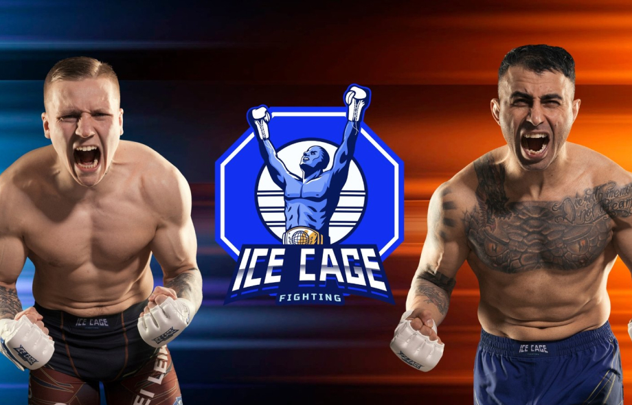 Ice Cage 5 promootiokuva missä näkyy Theo Kolehmainen ja Makwan Amirkhani. Etualalla tapahtuman logo.