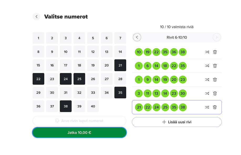Kuvankaappaus täytetyistä Milli-pelin kupongeista Veikkauksen sivulla.