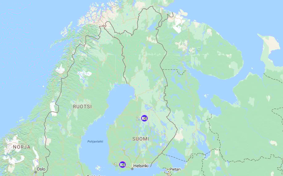 Suomen karttaan merkattu kaksi Milli-voittoa. Ensimmäinen Paimioon ja toinen Pielavedelle.