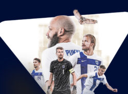 Kuvassa Veikkaus logo ja Huuhkajien pelaajat kuten Teemu Pukki ja Joel Pohjanpalo, ja Lukas Hradecky.