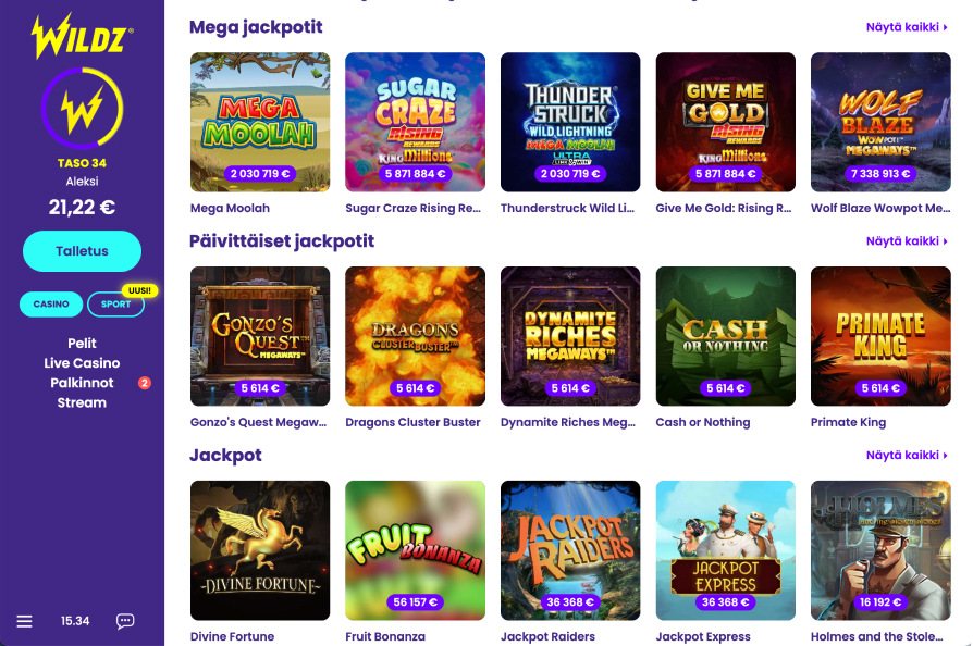 Jättipottipelejä kuten Mega Moolah ja Divine Fortune Wildz Casinolla. Kuvassa näkyy että Rahapelisanomien testaaja on Wildz-tasolla 34 ja hänen saldo on 21,22 €.