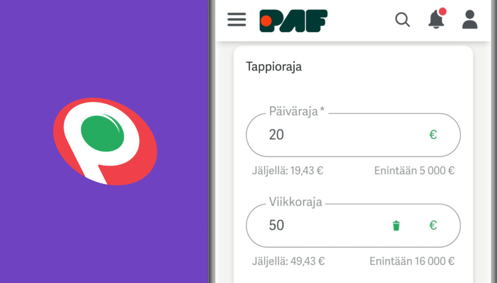 Pafin verkkosivun näkymä, joka näyttää pelaajan asettamat tappiorajat: päivittäinen raja 20 € (jäljellä 19,43 €, enintään 5 000 €) ja viikoittainen raja 50 € (jäljellä 49,43 €, enintään 16 000 €), Pafin logolla ja käyttöliittymän elementeillä.