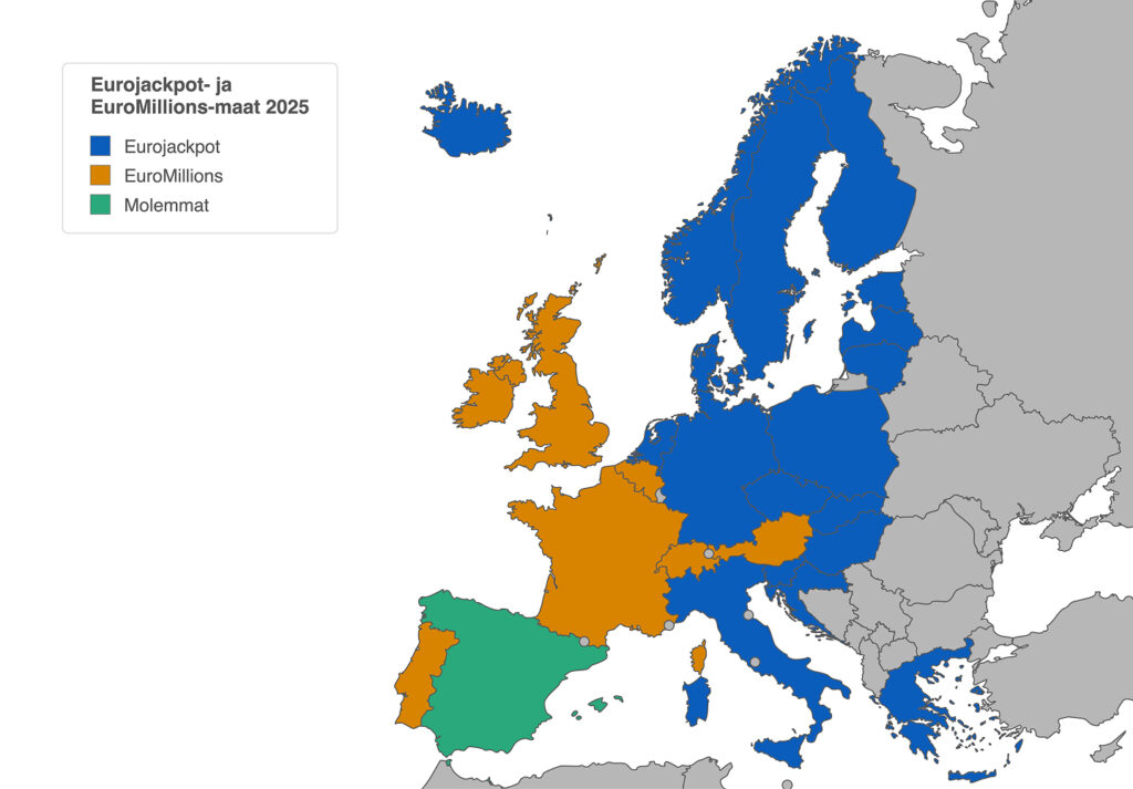 Euroopan kartta: Eurojackpot-maat sinisellä, EuroMillions-maat oranssilla ja Espanja vihreänä, selite vasemmassa yläkulmassa.