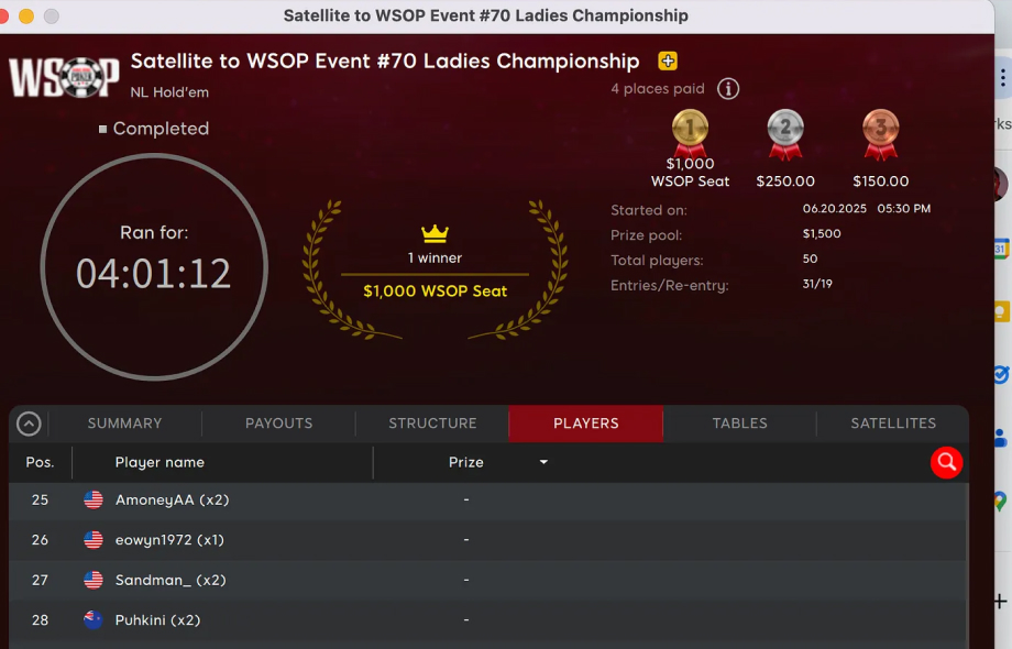 Kuvankaappaus kyseisetä WSOP tapahtumasta auki pokerisovelluksessa.