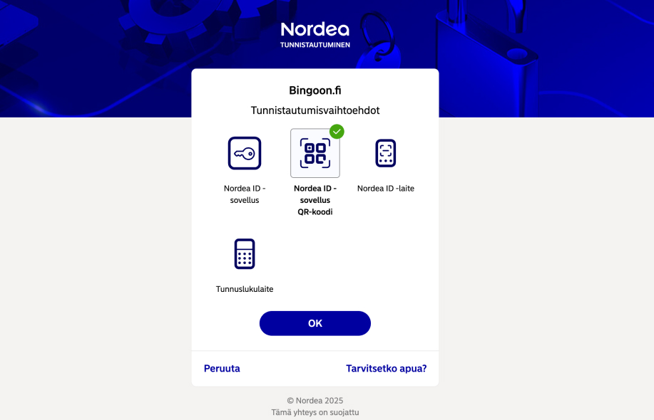 Rahapelisanomat tunnistautumassa Bingoon.fi palveluun. Kuvassa näkyy Nordea-tunnistautumissivu, jossa käyttäjä voi valita tunnistautumismenetelmän Bingoon.fi-palveluun. Vaihtoehtoina ovat Nordea ID -sovellus, QR-koodi, ID-laite ja tunnuslukulaite.