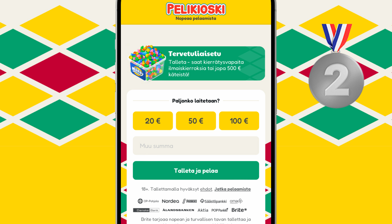 Pelikioski mobiilinäkymä ja logo