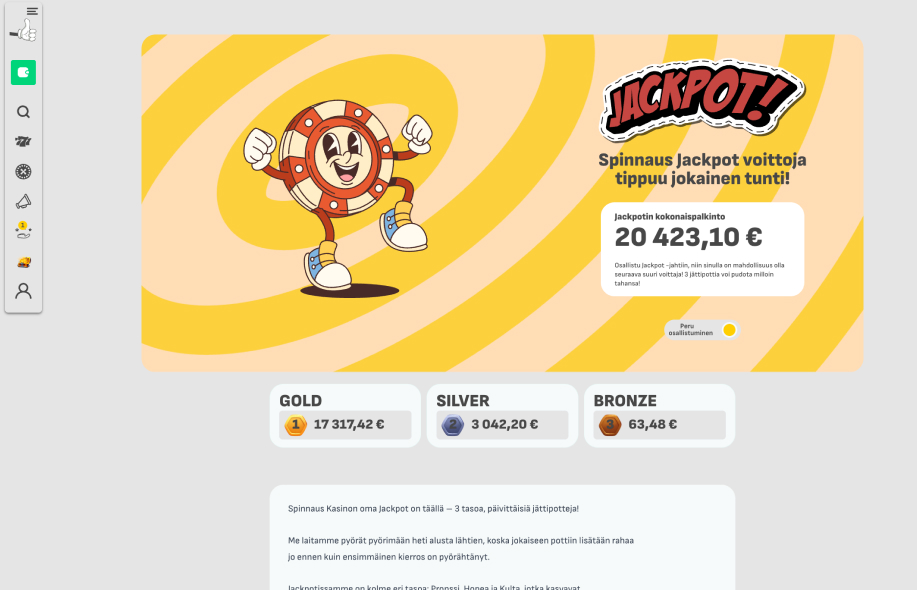Spinnaus-kasinon jackpot-sivu, jossa näkyy maskottihahmo ja kolme jättipottitasoa: Gold (17 317 €), Silver (3 042 €) ja Bronze (63 €). Pääpalkinto yli 20 000 euroa ja ilmoitus voitoista joka tunti.


