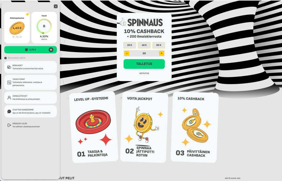 Spinnaus-kasinon talletuksen tehneen käyttäjän etusivu, jossa näkyy talletusvalikko, cashback-tilanne, ja kolme ominaisuutta: Level Up -systeemi, jackpotin voittomahdollisuus ja päivittäinen cashback.