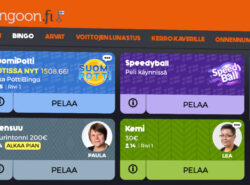 Rahapelisanomien testissä näkyy Bingoon.fi:n peliaula. Esillä ovat SuomiPotti, Speedyball, Joensuu ja Kemi -nimiset huoneet, sekä pelinhoitajien kasvokuvat.