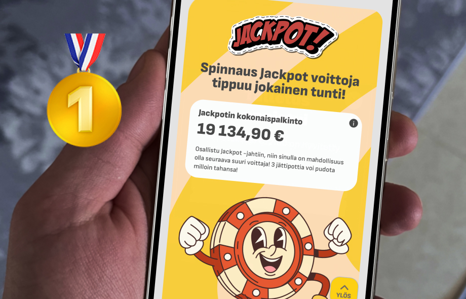 Spinnaus auki puhelimella, ruudulla näkyy Spinnauksen oma jättipottipeli.