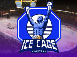 Ice Cage logo ja taustalla Espoon Metro Arena missä Ice Cage 6 tapahtuma järjestetään. Hallissa on kuvassa jääkiekkoon tarkoitettu jää.