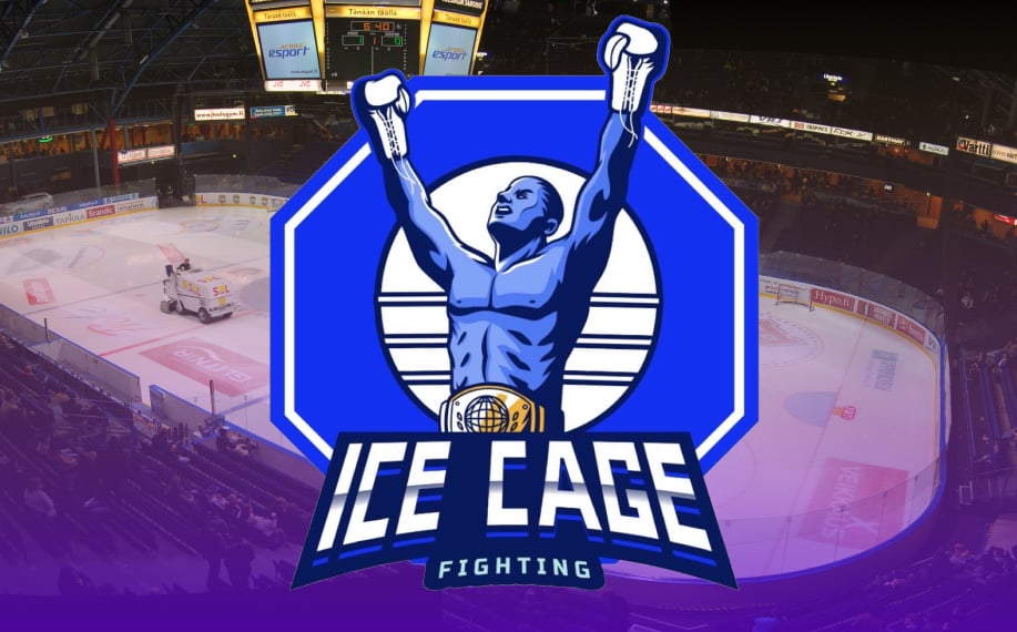 Ice Cage logo ja taustalla Espoon Metro Arena missä Ice Cage 6 tapahtuma järjestetään. Hallissa on kuvassa jääkiekkoon tarkoitettu jää.
