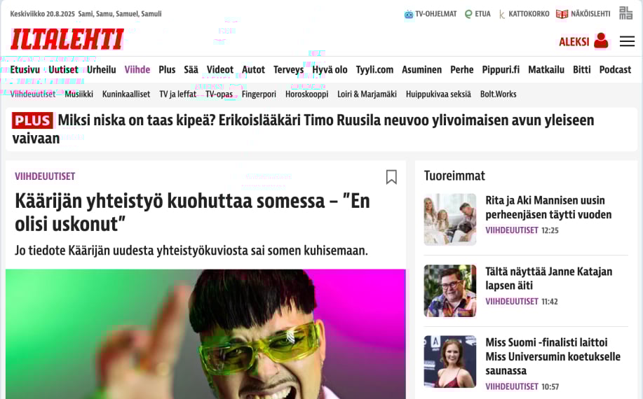 Iltalehden verkkosivun etusivu, jossa uutinen Käärijän uudesta yhteistyöstä otsikolla ”Käärijän yhteistyö kuohuttaa somessa – En olisi uskonut”