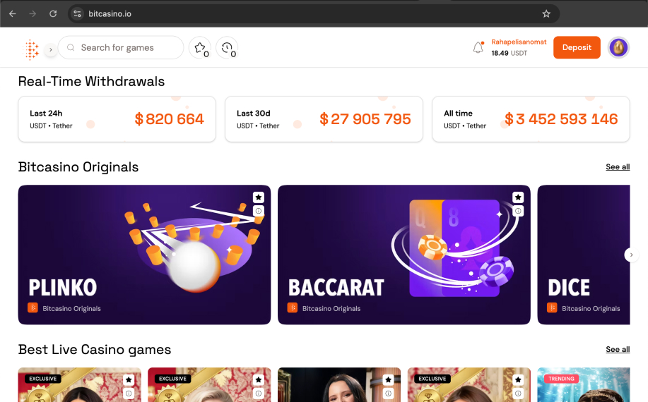 Bitcasino.io auki Rahapelisanomien testissä.