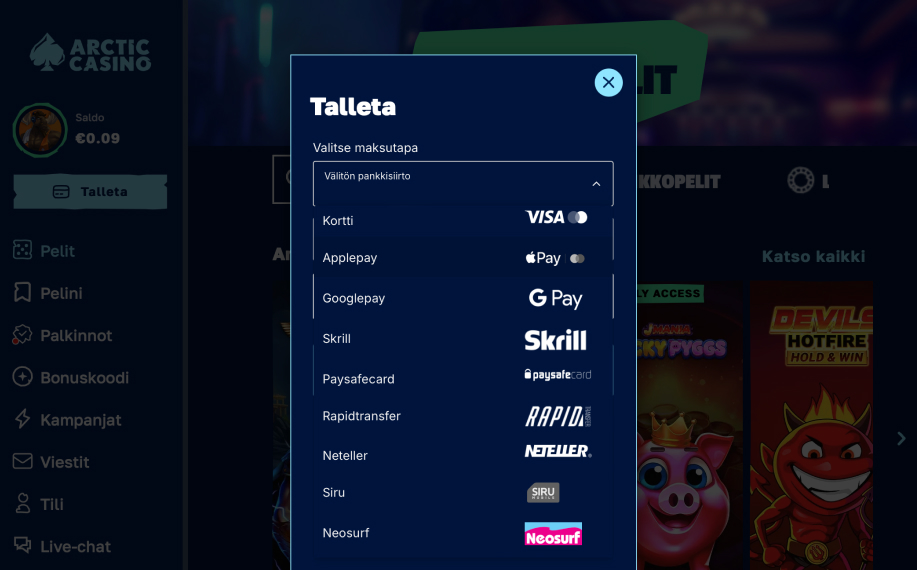 Kuvassa näkyy Arctic Casinon maksutapoja, missä esimerkiksi Apple Pay, Google Pay, Paysafe Card ja Siru mobiilimaksu.