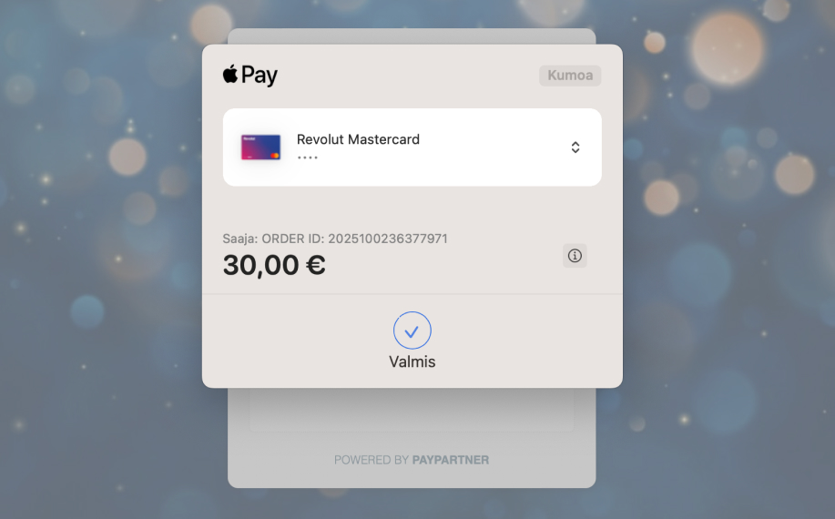 Kuvassa Arctic Pay -talletus, maksutapana Apple Pay ja Revolut Mastercard. Palveluntarjoajana näkyy Paypartner.