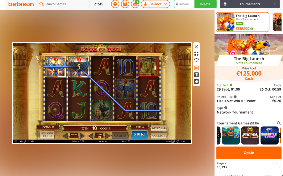 Betsson kasino näyttää Book of Dead -kolikkopelin pelikierroksen sekä The Big Launch -turnauksen, jossa palkintopottina on 125 000 euroa.