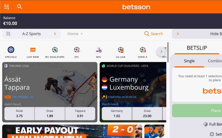 Betsson vedonlyöntisivu, jossa näkyy saldona 10 euroa, käynnissä oleva Ässät–Tappara jääkiekko-ottelu sekä tuleva Saksan ja Luxemburgin jalkapallo-ottelu.