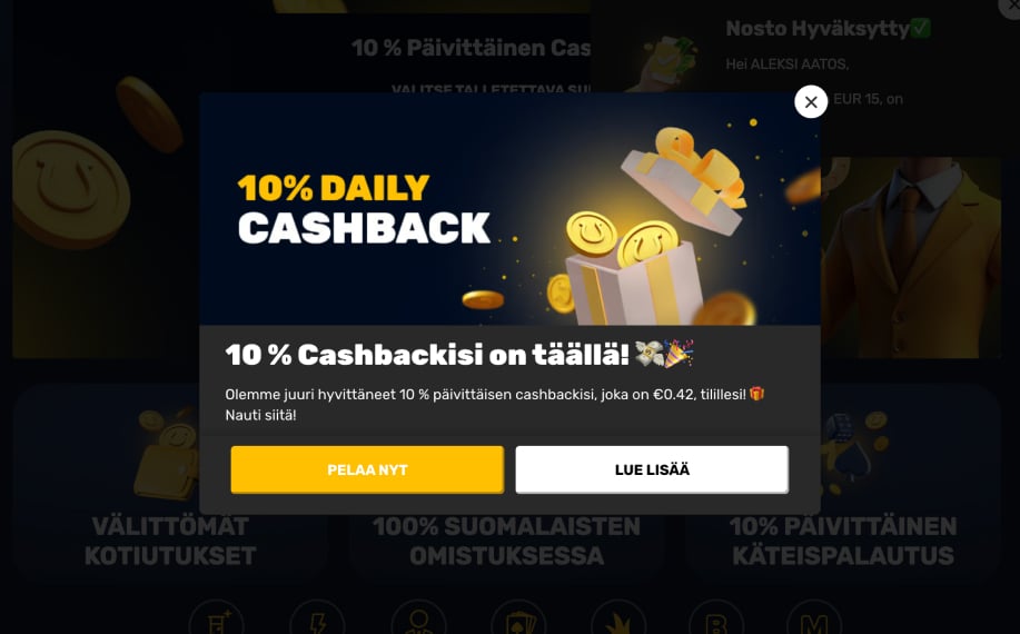 Onnela Kasinon viesti pelaajalle mikä kertoo 10% käteispalautuksesta joka on Rahapelisanomat testissä €0,42.